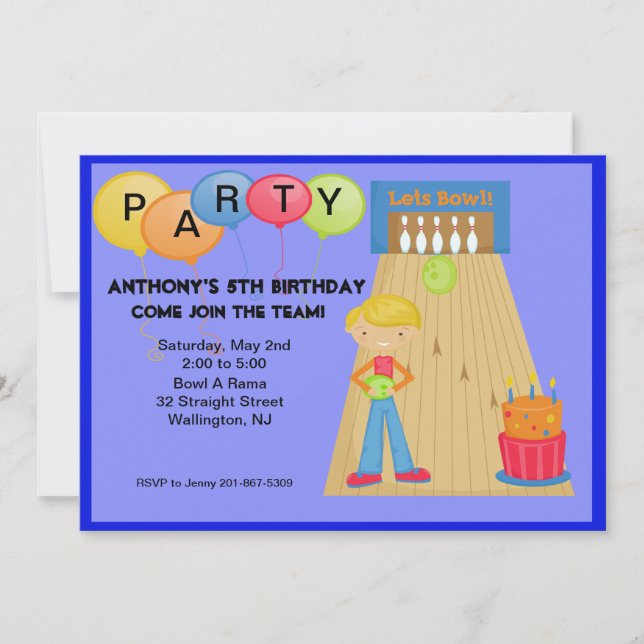Blue,Bowling Birthday Party Invitation (Front)