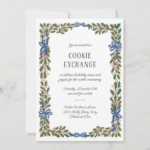 Blue Bows and Holly Garland Invitation