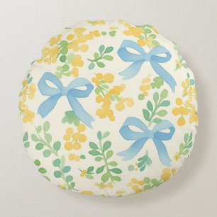 Blue Bows and Yellow Floral Cottagecore Pattern Round Pillow