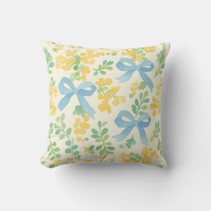 Blue Bows and Yellow Floral Cottagecore Pattern Throw Pillow