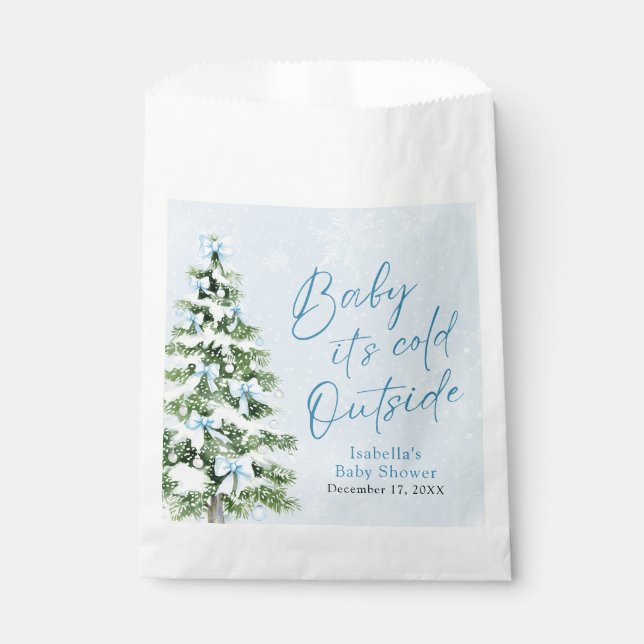 Blue Bows Boy Baby It's Cold Outside Baby Shower Favour Bag (Front)