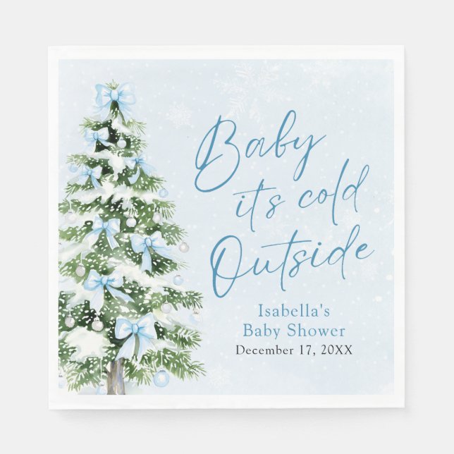 Blue Bows Boy Baby It's Cold Outside Baby Shower Napkin (Front)
