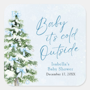 Blue Bows Boy Baby It's Cold Outside Baby Shower Square Sticker