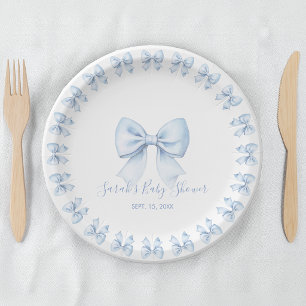 Blue Bows Boy Baby Shower Watercolor and Script Paper Plate