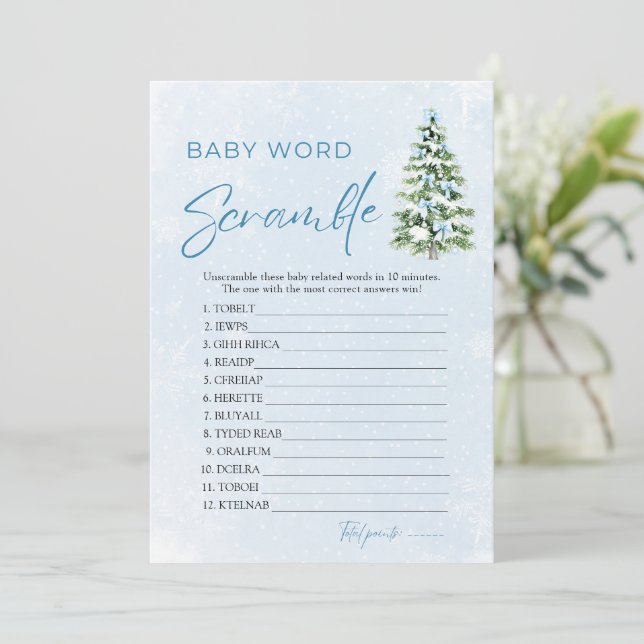 Blue Bows Christmas Tree Baby Word Scramble Game Invitation (Standing Front)