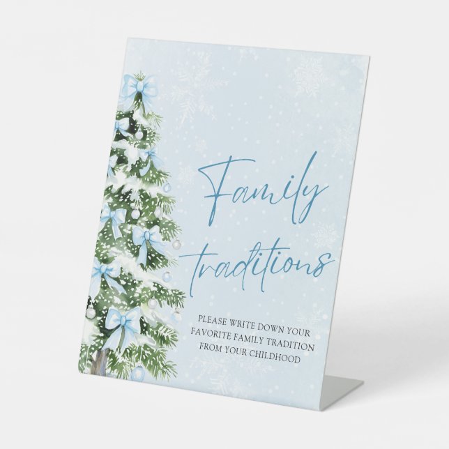 Blue Bows Christmas Tree Family Traditions Game Pedestal Sign (Front)