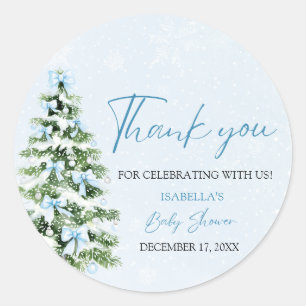 Blue Bows Christmas Tree Girl Winter Baby Shower Classic Round Sticker
