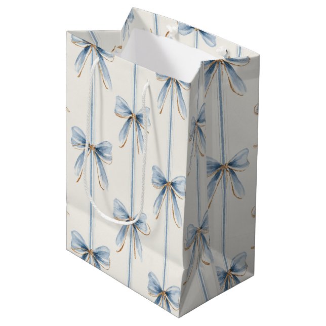Blue Bows Cream Bridal Shower Medium Gift Bag (Front Angled)