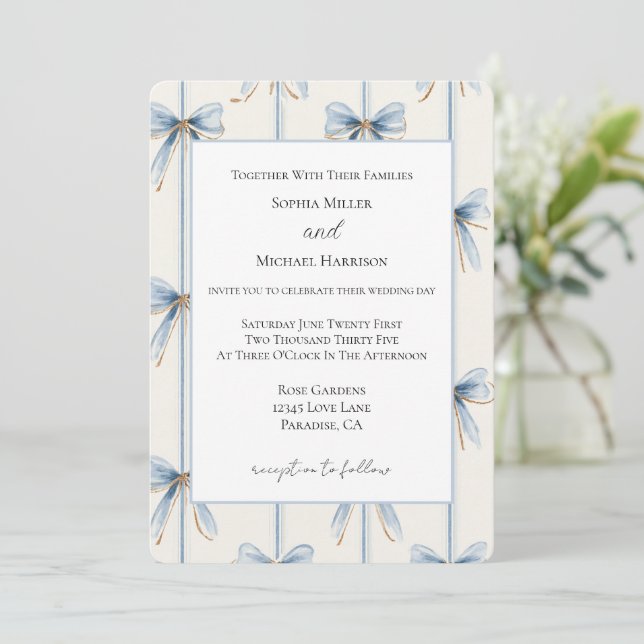 Blue Bows Cream Wedding Invitation (Standing Front)