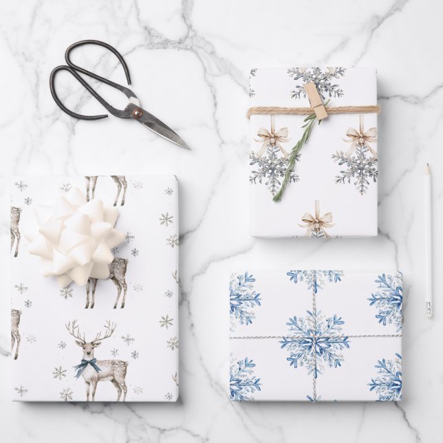 Blue Bows Deer Snowflakes Christmas Wrapping Paper Sheet (Front)