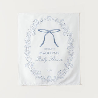 Blue Bows & Flowers Baby Shower Welcome Sign Tapestry