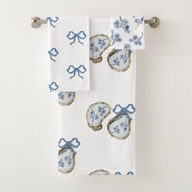 Blue Bows Oysters And Floral Bath Towel Set (Insitu)