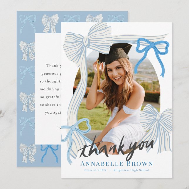 Blue Bows Photo Graduation Thank You Card (Front/Back)