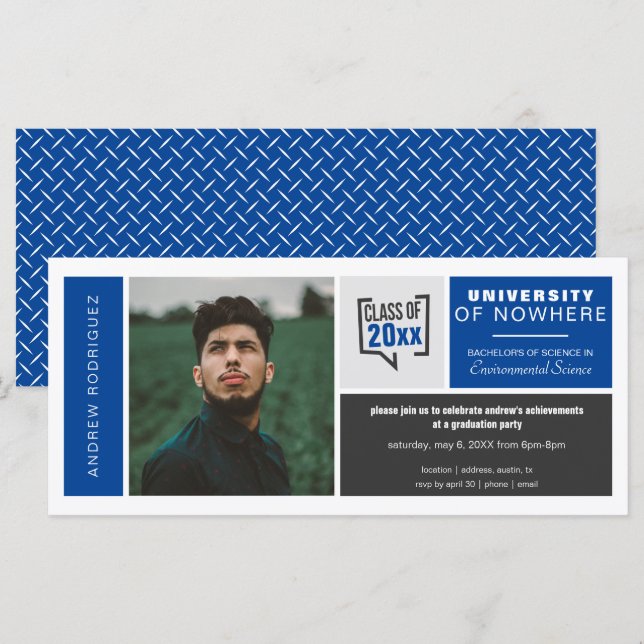 Blue Boxes & Photo Wide Graduation Invitation (Front/Back)