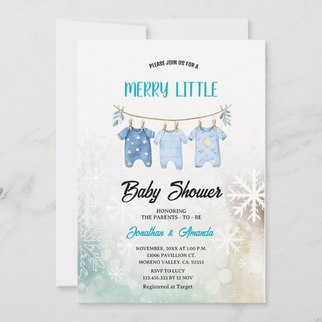 Blue Boy Baby Clothes Christmas Baby Shower  Invitation (Front)