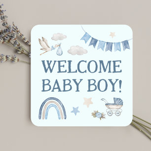 Blue Boy Baby On Board Cute Stork Watercolor Square Sticker