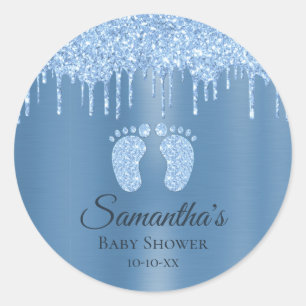 Blue Boy Baby Shower Baby Feet Glitter Classic Rou Classic Round Sticker
