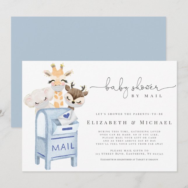Blue Boy Baby Shower By Mail Masked Baby Animals  Invitation (Front/Back)