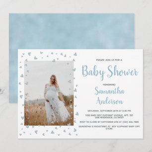  Blue Boy Baby Shower Elegant Dusty Heart Photo Invitation