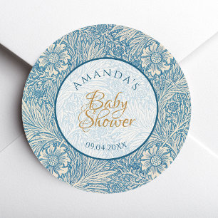 Blue Boy Baby Shower Floral Script Marigold Morris Classic Round Sticker