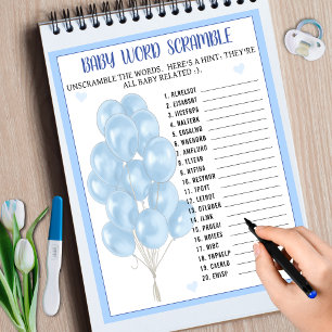 Blue Boy Balloon Word Scramble Baby Shower Game