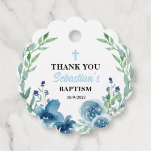 Blue Boy Baptism Round Scalloped Favour Tags