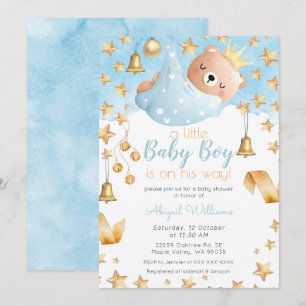 Blue Boy Bear on His Way, Gold Stars Baby Shower Invitation