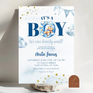 Blue Boy Bearly Wait Baby Shower Invitation