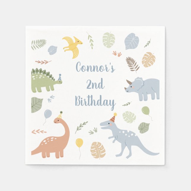 Blue Boy Boho Dinosaur Birthday Napkin (Front)