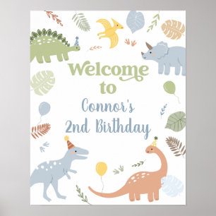 Blue Boy Boho Dinosaur Birthday Welcome Poster