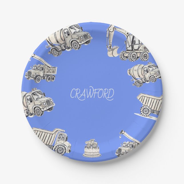 Blue Boy Construction Birthday Party Paper Plate (Front)