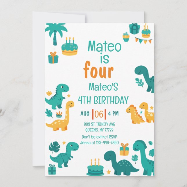 Blue Boy Dinosaur 4ème anniversaire Invitation (Devant)