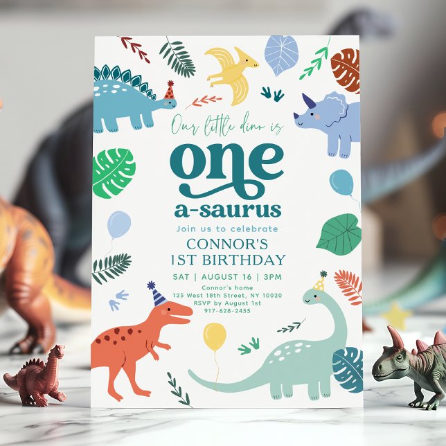 Blue Boy Dinosaur Boho 1st Birthday Invitation (Creator Uploaded)