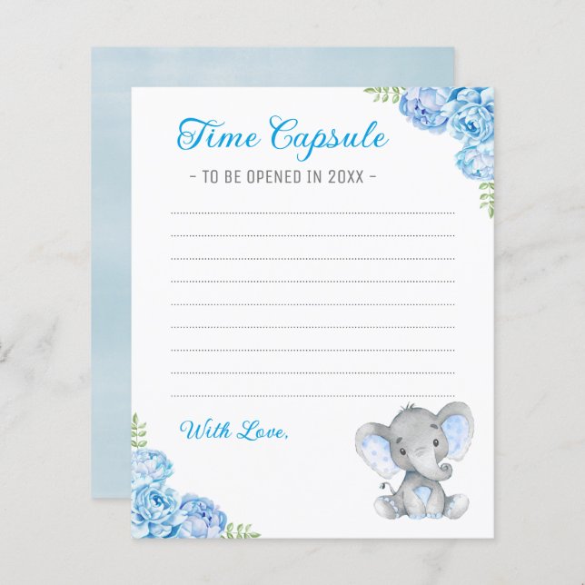 Blue Boy Elephant Baby Shower Time Capsule Cards (Front/Back)