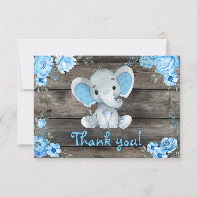 Blue Boy Elephant Carte de remerciements Floral Ru (Devant)