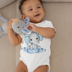 Blue Boy Elephant Personalized name Baby Bodysuit