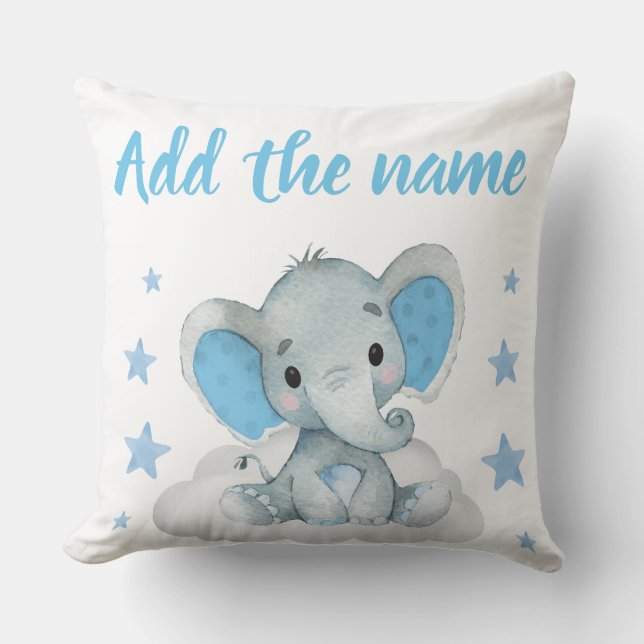 Blue Boy Elephant with Name Stars Throw Pillow (Front)