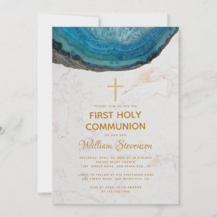 Blue Boy First Communion Geode Marble Gold Cross Invitation