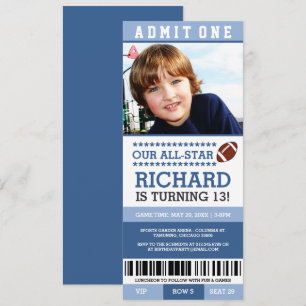 Blue Boy Football Ticket Birthday Invites