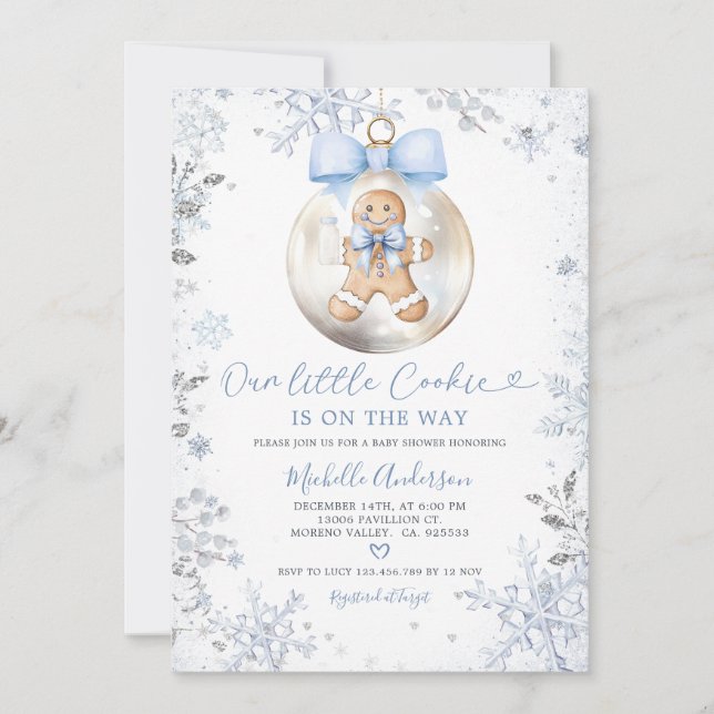 Blue Boy Gingerbread Christmas Snowflake Shower Invitation (Front)