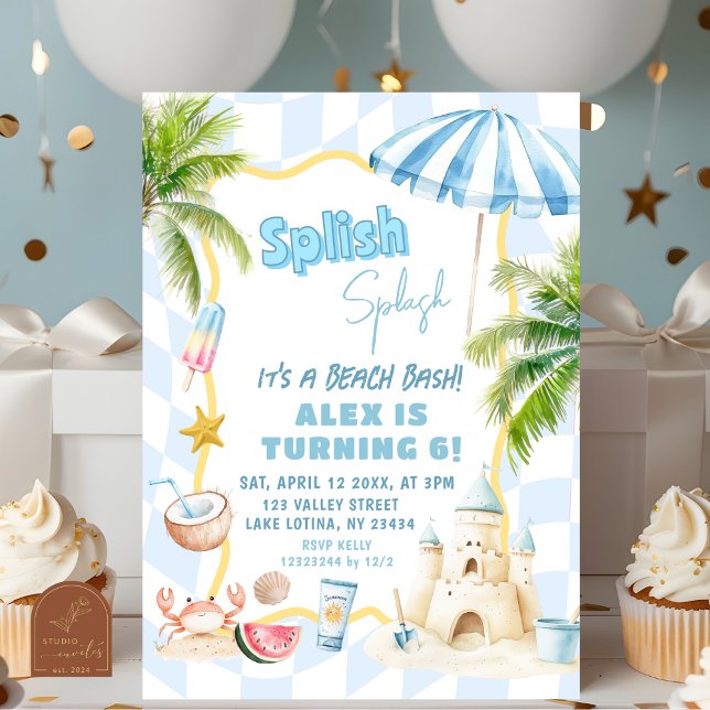 Blue Boy Groovy Beach Party Birthday Bash Invitation (Creator Uploaded)