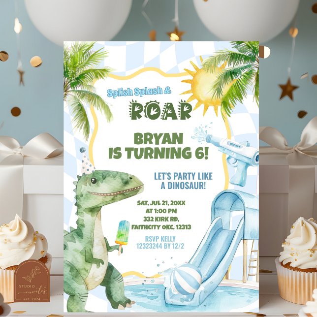 Blue Boy Groovy Dinosaur Pool Birthday Party  Invitation (Creator Uploaded)