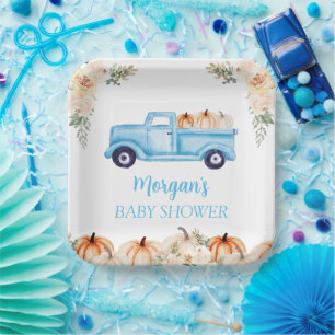 Blue Boy Little Pumpkin Cute Baby Shower Paper Plate