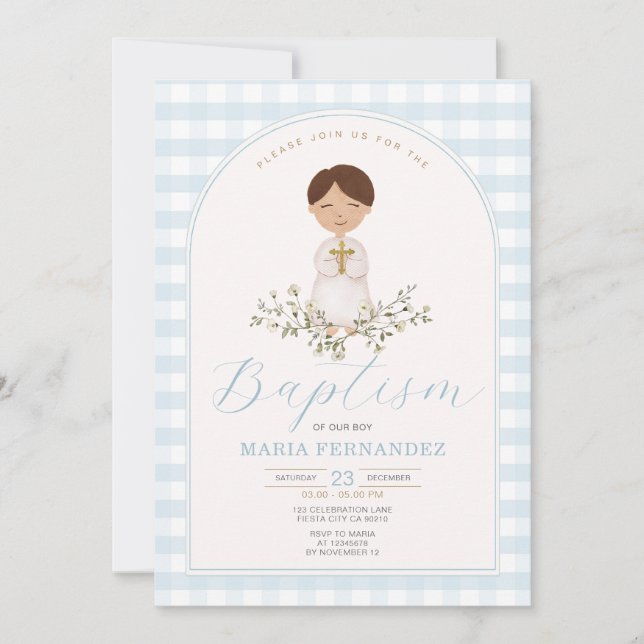 Blue Boy Modern Greenery Baptism Gingham Invitation (Front)