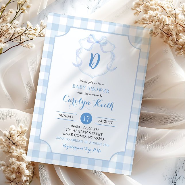 Blue Boy Monogram Watercolor Crest Baby Shower Invitation (Creator Uploaded)