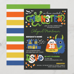 Blue Boy Monster Typography Halloween Baby Shower Invitation