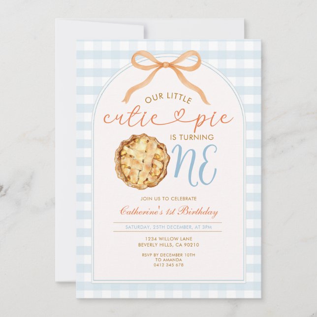 Blue Boy Our Little Cutie Pie Gingham 1st Birthday Invitation (Front)