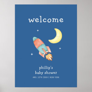 Blue Boy Over The Moon Rocket Baby Shower Welcome Poster