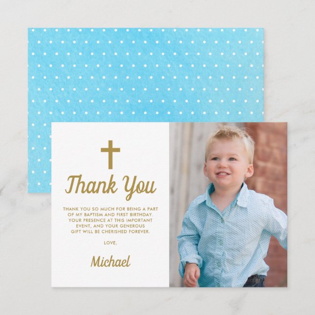 Blue Boy Photo Baptism First Birthday Thank You Card (Front/Back)