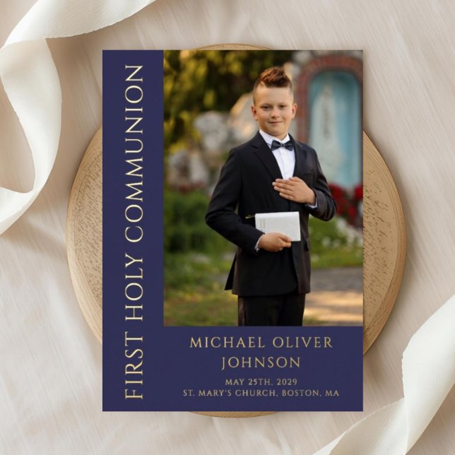 Blue Boy Photo First Holy Communion Gold (Modern Navy Blue Boy Photo First Holy Communion Foil Invitation)